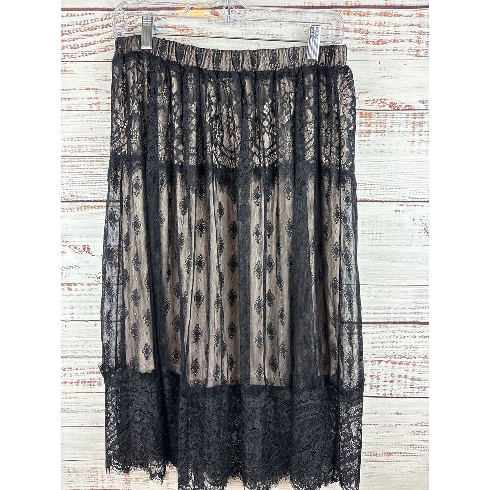 Womens Kye Mi NWT Black Nude Lace Midi Flowy Skirt Whimsigoth Grunge Pull On L